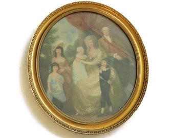 Antique French Oval Framed Lithograph Family Portrait .Mid 1800's Golden Oval framed Portrait Lithograph.