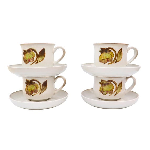 4 Mid Century coffee cups and saucers by Denby  Troubador Patttern C 1970's, Retro Stoneware cottage core coffee cups and saucers