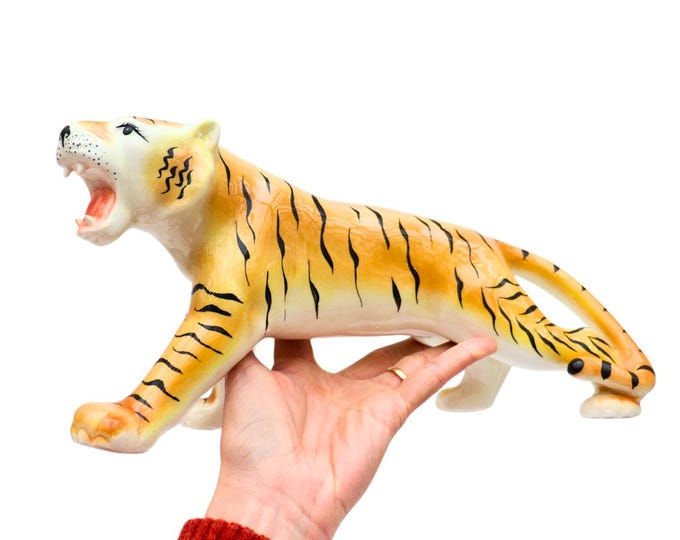 Large Mid Century Ceramic Tigress: Animal Decor (13.2 Inches)