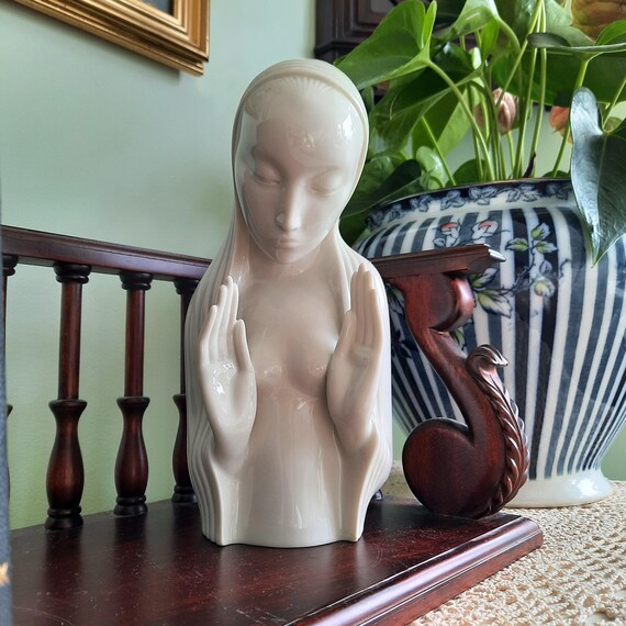 Modernist Madonna Bust By Hans Knsel, Art Deco Style Virgin C 1950's.