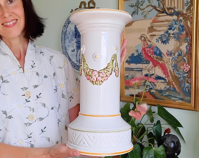 Vintage Capo Di Monte Ornate Raised Floral Garland Ceramic Pedestal Stand H 17''