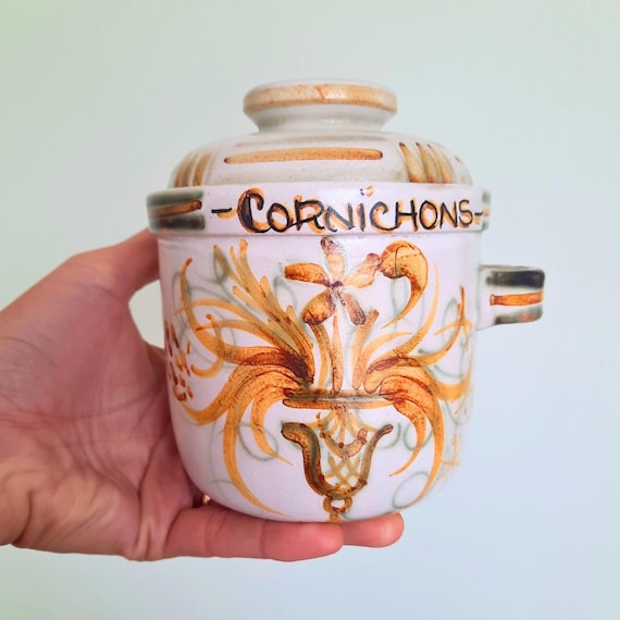 Vintage Quimper Kerulac Handpainted Pickled Gerkins or Cornichons Lidded Pot Made In France