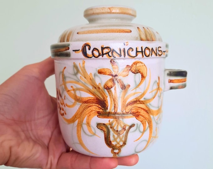 Vintage Quimper Kerulac Handpainted Pickled Gerkins or Cornichons Lidded Pot Made In France