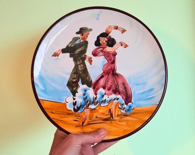 Vintage Spanish Hand Painted Wall Plate With Flamenco Dancers Couple Decoration D 10''