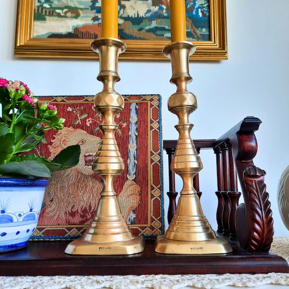 Antique Pair Of King Of Diamonds Beehive Brass Candlesticks Pair H 9.7 ''
