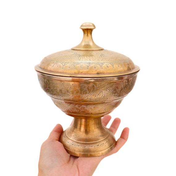 Vintage Indian Brass Pedestal Bowl With Lid Engraved Decoration Tall 21 cm