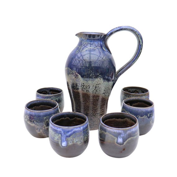 Blue Glazed Studio Pottery Drinking Set 1 Liter Pitcher and 6 cups Excellent Condition