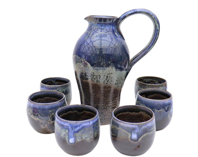 Blue Glazed Pottery Set: Pitcher and 6 Cups, Signed Ellen B.