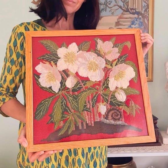 Vintage Oak Wooden Framed Elizabeth Bradley Christmas Rose Needlepoint