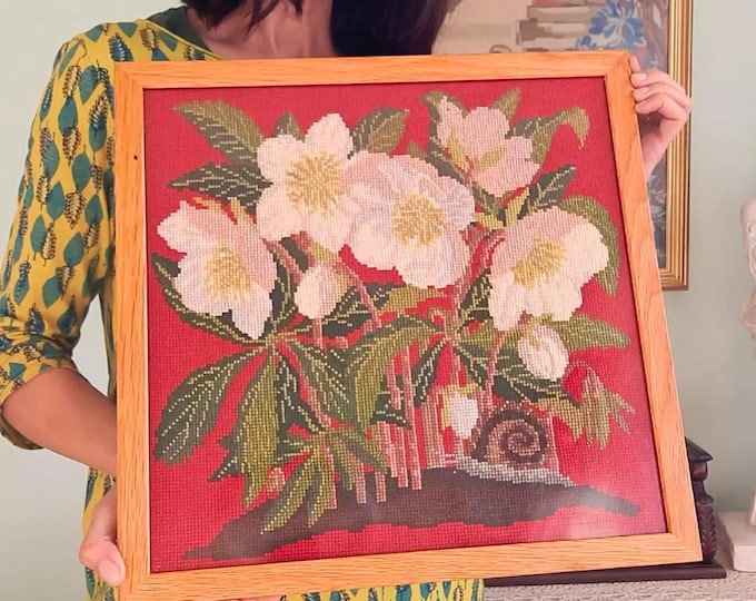 Vintage Oak Wooden Framed Elizabeth Bradley Christmas Rose Needlepoint