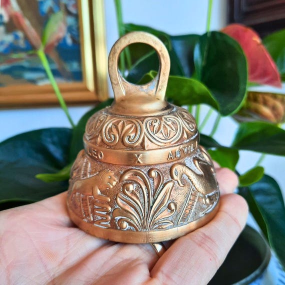 Mid Century Small English Brass Sanctuary Church Bell Leo Aquila Agnus Pelicanus, Victorian Style Brass Bell, Gift for a teacher