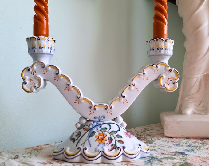 1930's Portuguese Rococo Hand Painted Polychrome Candelabra Made In 1939