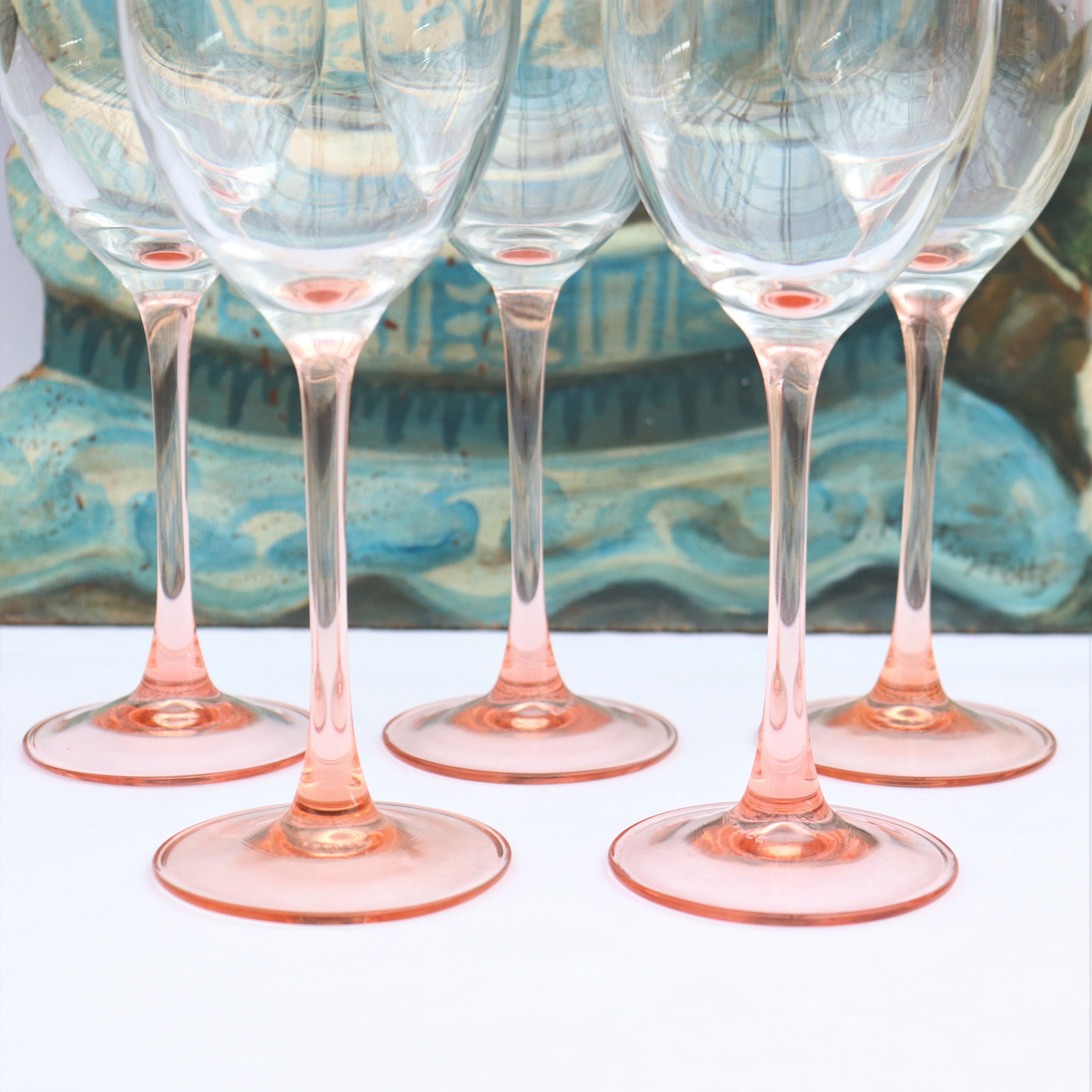 Mid Century Set of 6 Luminarc Wine Glasses With PINK Stem Etsy