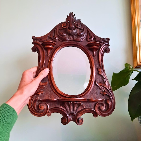 Antique Small Victorian Ornate Wood Wall Mirror Bevelled Edge.
