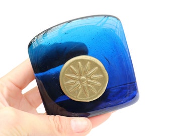 Mid Century Swedish Tanarpaia Xeipowoinon Blue art glass & brass metal Star Paperweight, Scandinavian paperweight, Blue cobalt paperweight