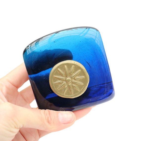 Mid Century Swedish Tanarpaia Xeipowoinon Blue art glass & brass metal Star Paperweight, Scandinavian paperweight, Blue cobalt paperweight