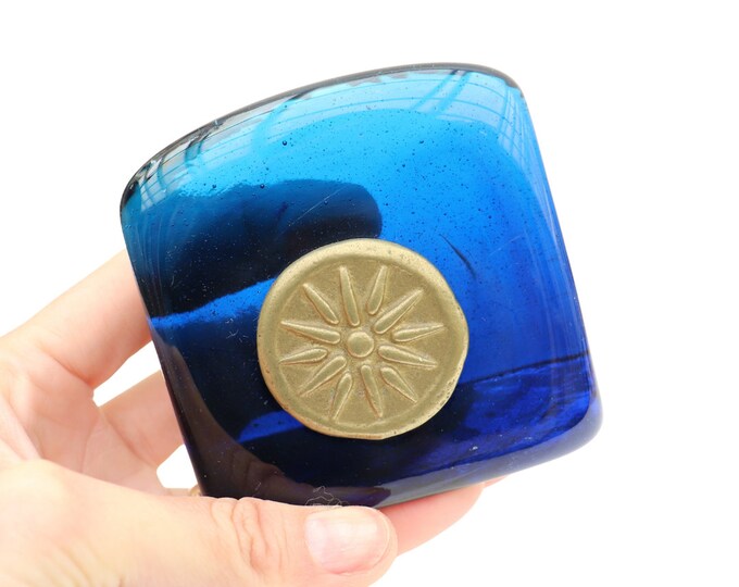Mid Century Swedish Blue Art Glass Paperweight with Brass Star