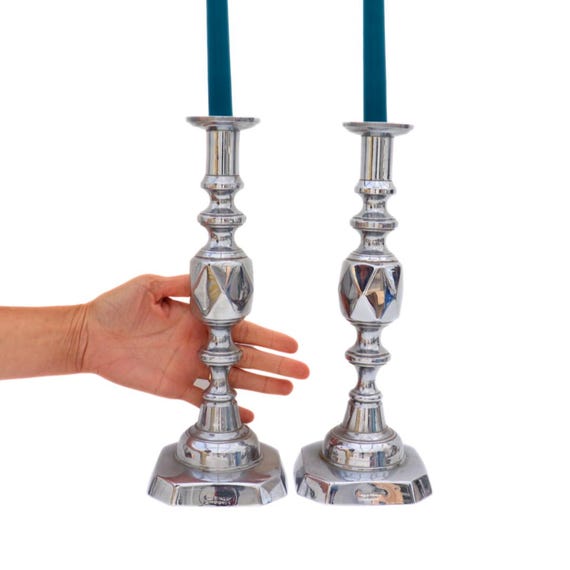 Large and Chunky Pair Of Chromed Plated King Of Diamonds Brass Candlesticks Pair H 32 cm