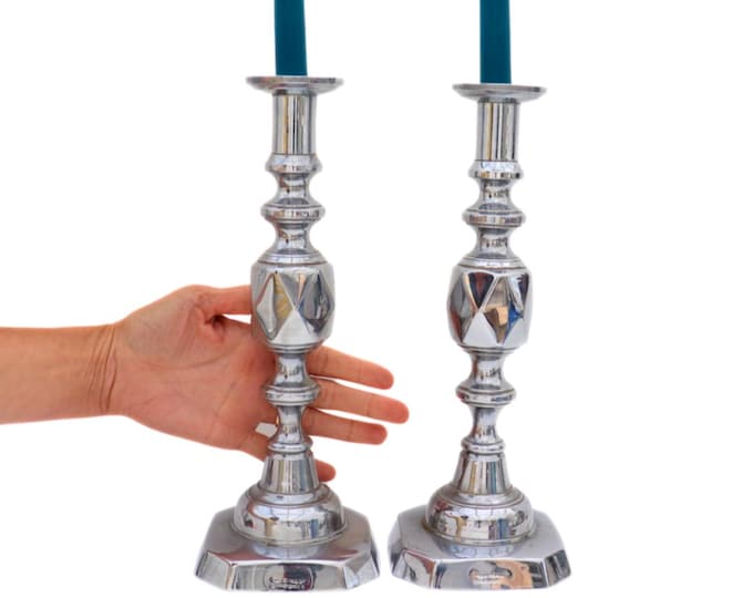 Antique Chromed Brass Candlesticks: Queen of Diamonds, Victorian Style