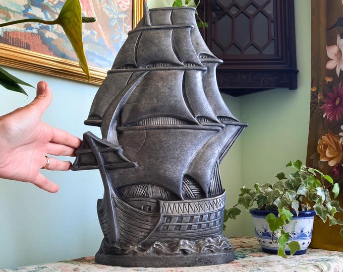 Large Antique White Metal Elizabethan Galleon Ship Statue H 18''