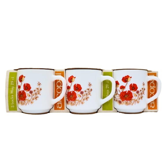 3 Mid Century Floral Coffee Cups By Arcopal France Vintage New Boxed, 3 Poppies Milk Glass Mugs