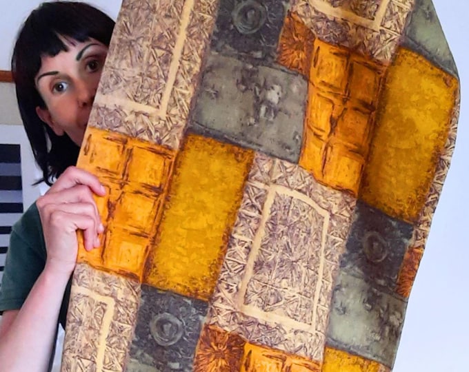 Original Mid Century Modernist Barkcloth Single Lined Curtain Panel Mustard and Olives Tones 81'' Tall BY 43'' Wide