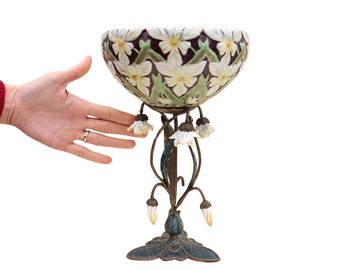 Art Nouveau Reproduction Pedestal Bowl In The Manner of Torolf Prytz, Floral Pedestal Ceramic and Metal Bowl, Art Nouveau Style Bowl