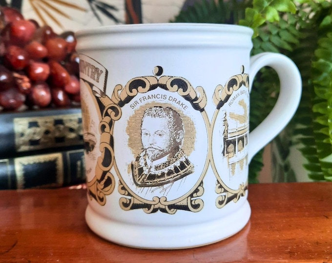 80's Denby Stoneware West Country Mug Excellent Condition Depicting Bath, Stonehenge, S.S. Great Britain, Francis Drake, Polperro