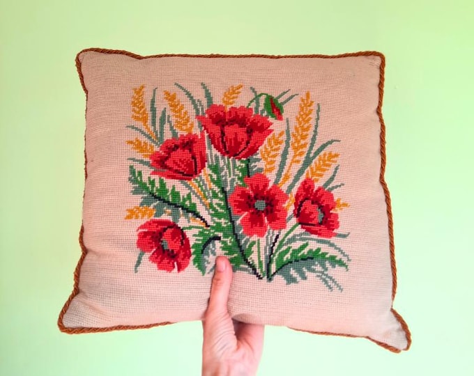Vintage Cottagecore Floral Poppies Needlepoint Cushion Velvet Back 16'' Tall Earthy Tones