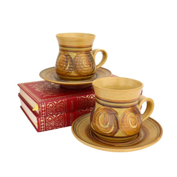 Mid Century Pair of Alvingham Studio Pottery Coffee Cups and Saucers Earthy Tones Hand-thrown Pottery Gift For A Couple