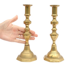 Large Victorian Brass Candle Holder Octogonal Base 9.8'' H Made In England . Antique Candleholders .