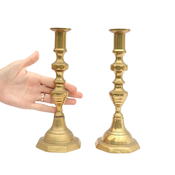 Large Victorian Brass Candle Holder Octogonal Base 9.8'' H Made In England . Antique Candleholders .