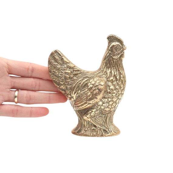 Mid Century Brass Chicken Figurine Ornament, Brass Bird Decor
