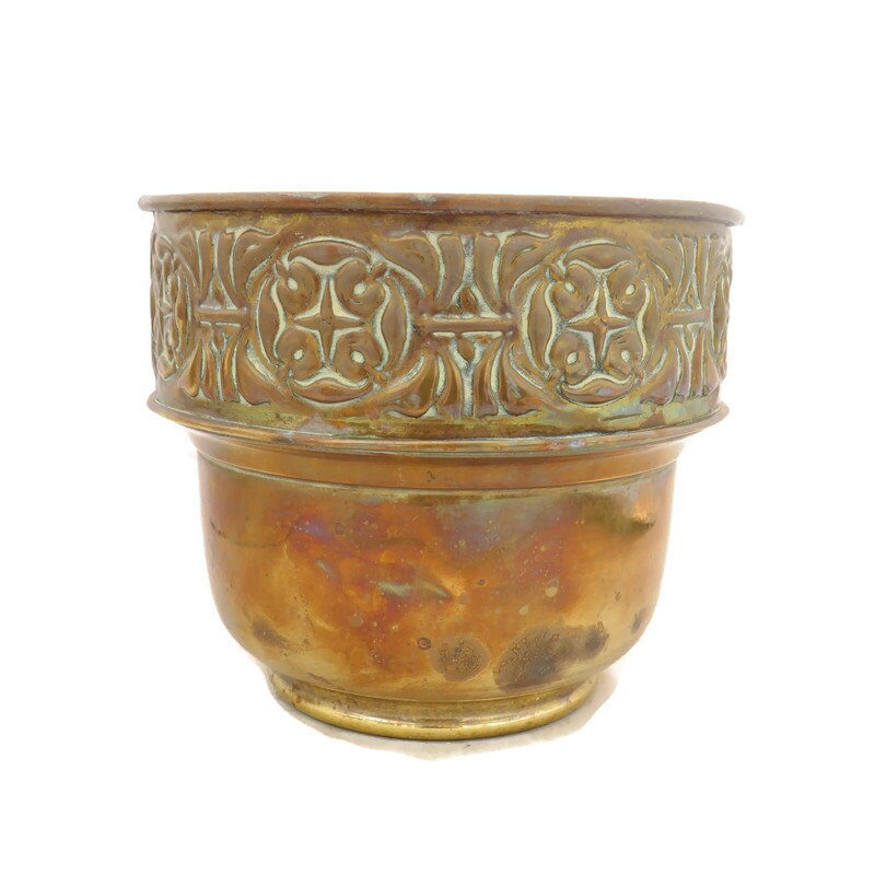 Vintage Brass Planter with Embossed Floral Design 7''H Made In England