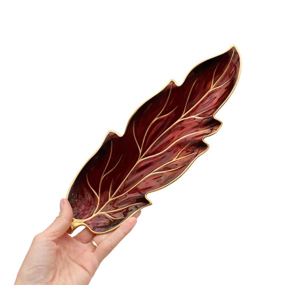 Mid Century Carlton Ware 'Royal Rouge' Pattern Deep Red and Gold Leaf Shaped Leaf Dish Made In England L 13.7 in