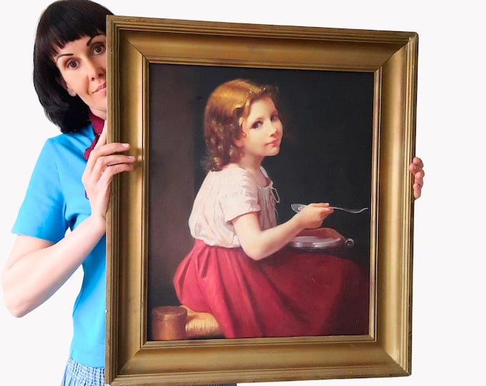 Vintage Framed Oil Portrait Of A Young Girl Eating Soup After A Portrait By William Adolphe Bougereau Titled ''La Soupe''