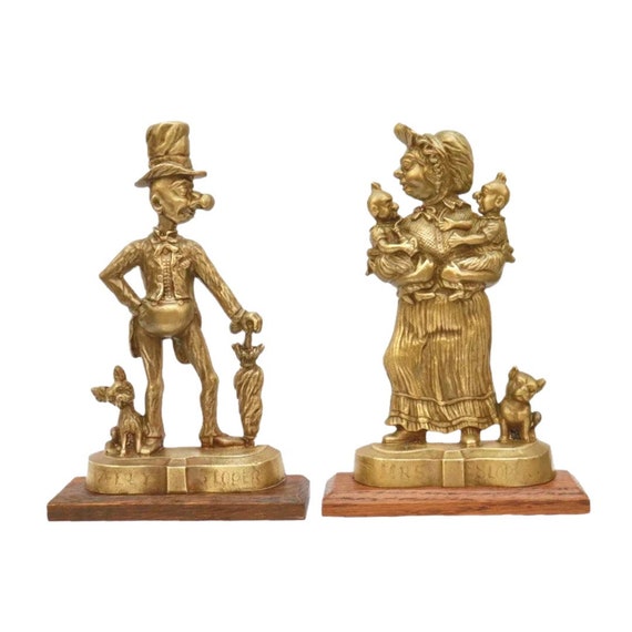 Antique Mr & Mrs Sloper Cast Iron Bookends- Doorstops, Antique British Brass Comic Characters  Bookends