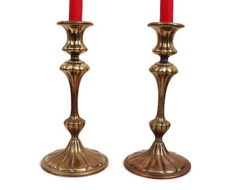 Antique Continental Brass Candlesticks Holders Pair H 9.7'', Large Antique Candle Holders.