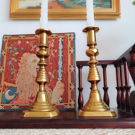 Antique Pair Of Victorian Beehive Brass Candlesticks Holders Pair H 20 cm