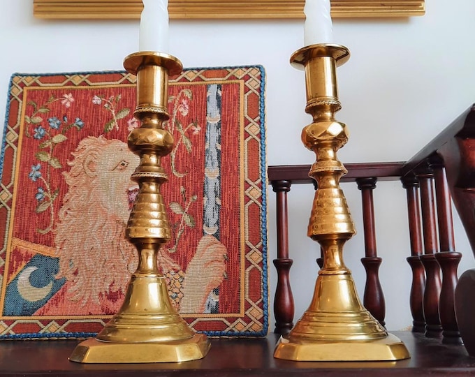 Antique Pair Of Victorian Beehive Brass Candlesticks Holders Pair H 20 cm