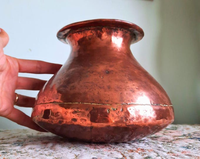 Antique Indian Lota Water Pot Handcrafted Copper Vase 6'' Tall