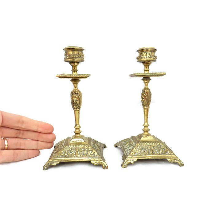 Rococo Style Brass Candlestick Holders Square Base Pair H 17 Cm