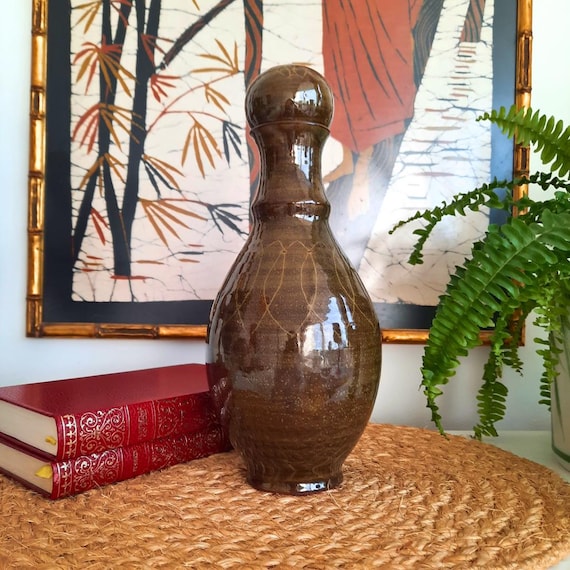 Vintage Studio Pottery Wine-Licquor Decanter With Lid Earthy Green Tones H 11'' Very Good Condition