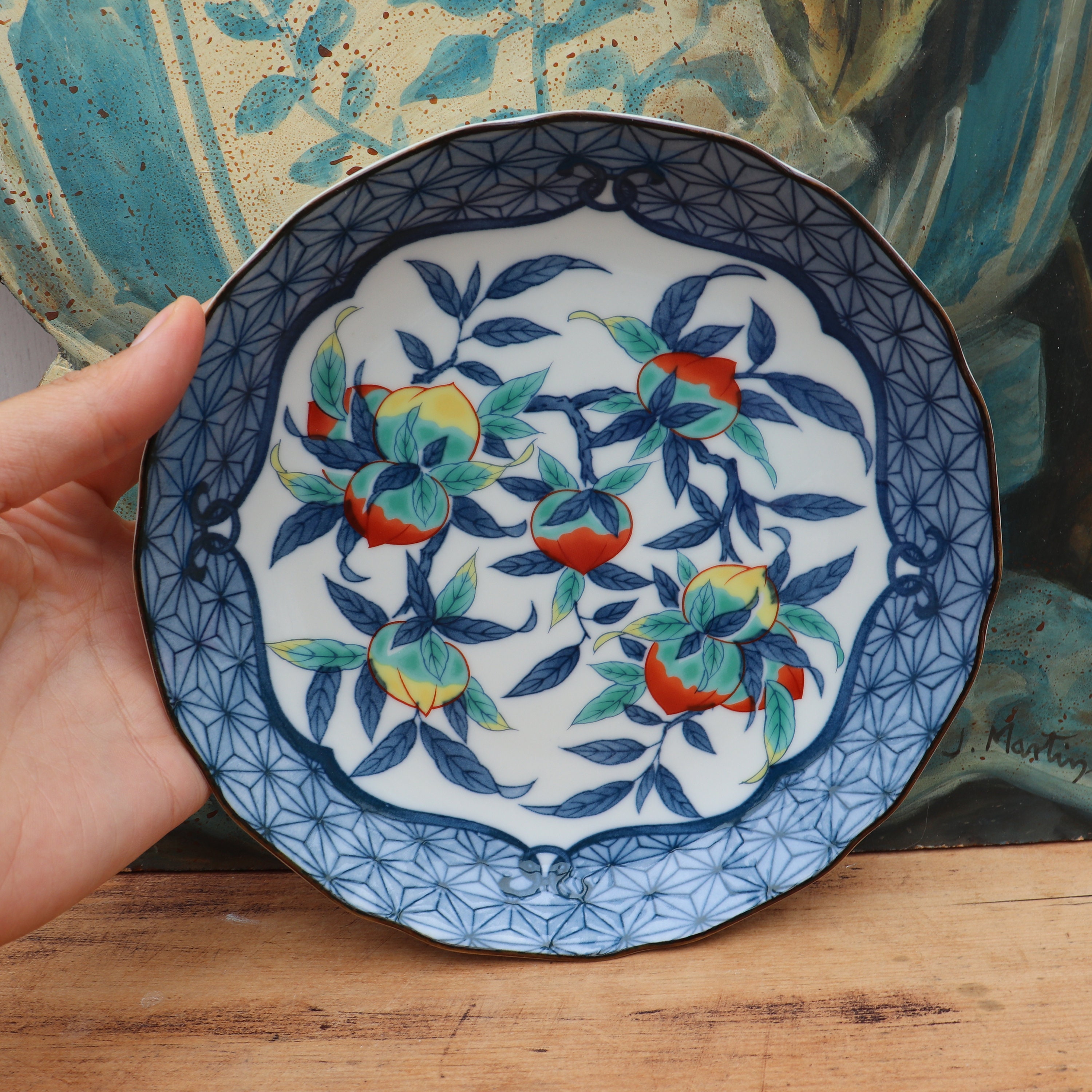 Oriental Decorative Porcelain Plate With Hand Painted Peaches and