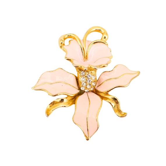 Vintage Gold Tone and Pink Enamel Orchid Brooch, Vintage Floral Brooch.