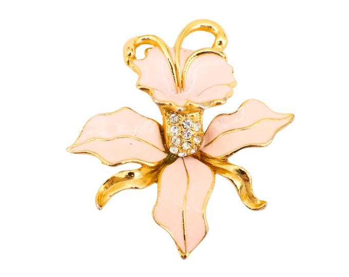 Vintage Gold Tone Pink Enamel Orchid Brooch