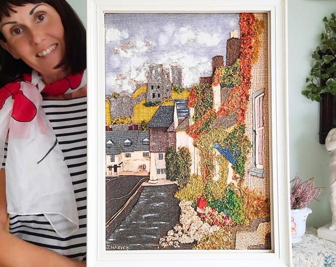 Mid Century Mixed Media Framed Original Artwork Of A Street In Corfe Castle Village , Dorset Signed J Harvey