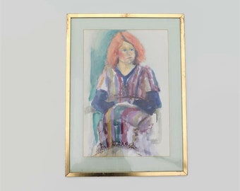 Large Mid Century Watercolour Painting of a Lady ,Signed Ann Blake 1975 H 22'' .