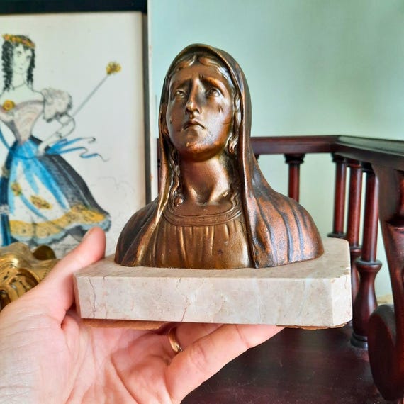 Art Deco French Tearful Virgin Mary Spelter On Marble Base C 1930's-40's.