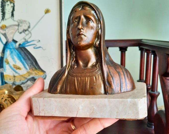 Art Deco French Tearful Virgin Mary Spelter On Marble Base C 1930's-40's.